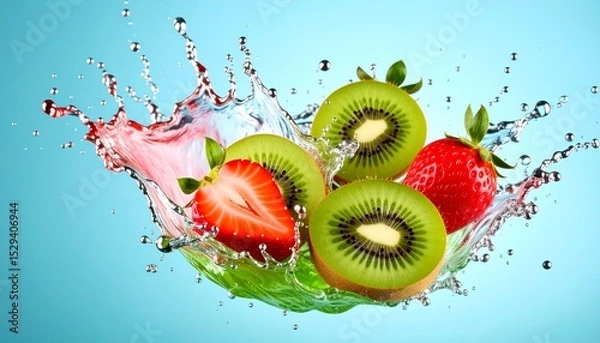 Fototapeta Fresh strawberries and sliced kiwi fruit are captured in a vibrant splash of water creating a dynamic and refreshing image against a blue background for advertising.
