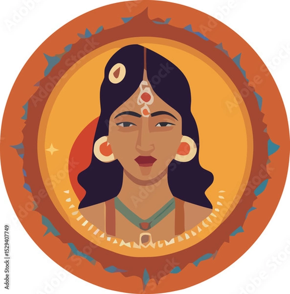 Obraz Portrait of an Indian woman adorned in traditional attire with ethnic jewelry against a vibrant circular background