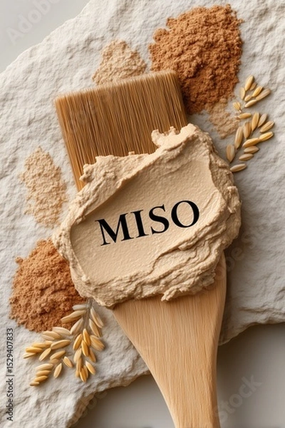 Fototapeta Miso Paste Textured Brushstroke with Wooden Spatula and Soy Elements – Japanese Cuisine Concept