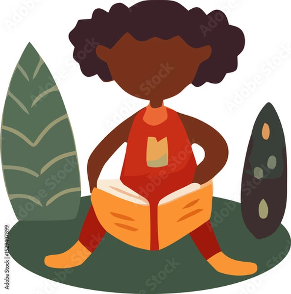 Obraz Girl child enjoys reading a book in a vibrant outdoor setting amidst lush greenery during a sunny day