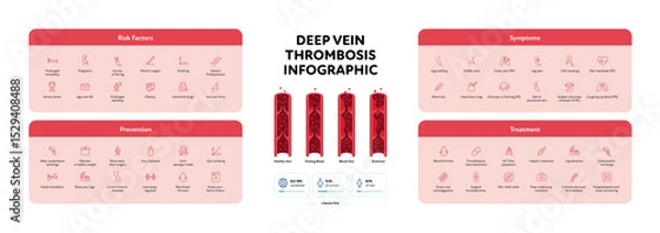 Obraz Deep vein thrombosis for healthcare infographic. Vector outline icon set illustration. Risk factor, symptoms, prevention and treatment of DVT. Blood vessel chart. Design for health care, education