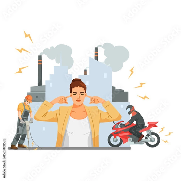 Fototapeta Woman covering ears due to noise pollution from factory, jackhammer, and motorcycle on white background. Concept of urban noise pollution. Vector illustration