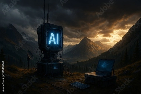 Fototapeta An AI-powered station with cables and a glowing sign stands in a remote mountain valley at sunset, blending advanced technology with wild nature.