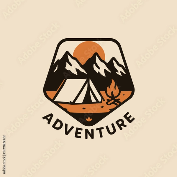Fototapeta Bold and clean logo featuring the word ADVENTURE combined with minimalist silhouette of mountains, a camping tent, and a campfire in hexagon frame suit for outdoor brands and travel gear