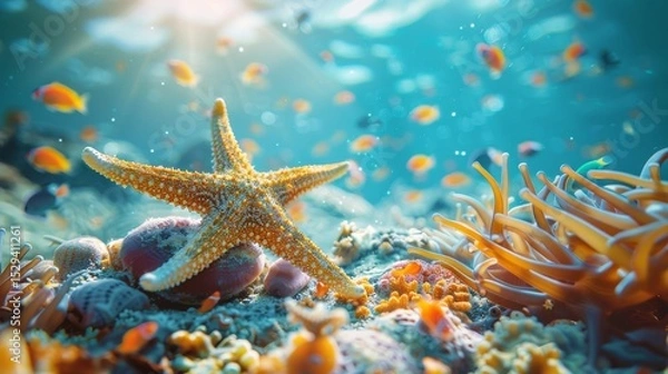 Fototapeta A stunning underwater scene featuring a starfish resting on colorful coral, surrounded by vibrant marine life, capturing the beauty and diversity of ocean ecosystems.