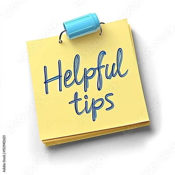 Obraz Stacked yellow sticky note with blue clip, text "Helpful tips" in script