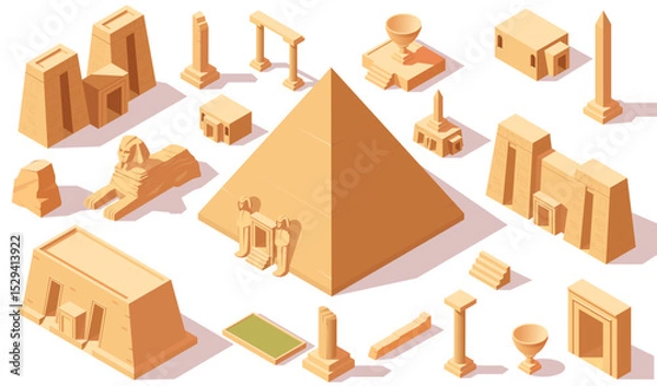 Fototapeta Collection of ancient Egyptian buildings and monuments in isometric style on white background. Concept of historical architecture. Vector illustration