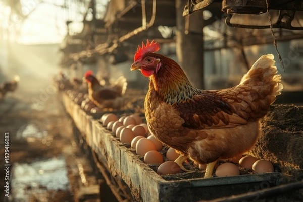 Fototapeta Hen standing proudly on a nesting box filled with eggs, surrounded by other chickens in a sunlit barn, showcasing farm life and poultry farming practices