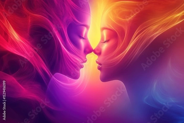 Fototapeta Two ethereal figures with flowing hair, facing each other in a vibrant swirl of colors, embodying connection and harmony in a dreamlike atmosphere of light and energy