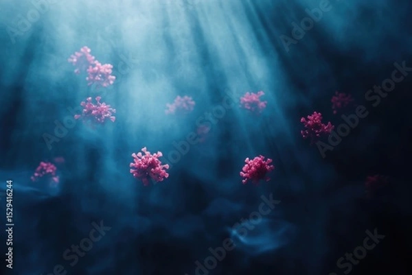 Obraz Abstract illustration of floating virus particles in dark underwater environment, illuminated by soft beams of light, creating a mysterious and atmospheric scene