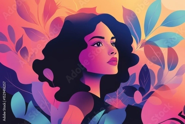 Fototapeta Colorful illustration of a woman with curly hair surrounded by vibrant leaves, showcasing beauty and nature, representing harmony and connection with the environment