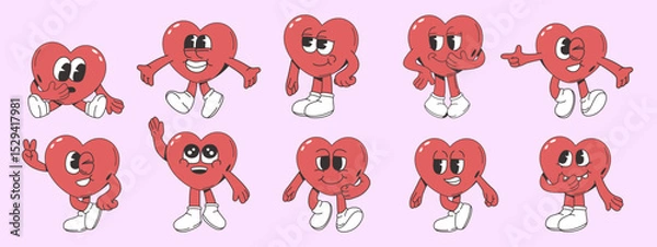 Fototapeta Set of cute cartoon heart characters with various emotions and gestures, flat graphic style, on light pink background. Concept of love, fun. Vector illustration