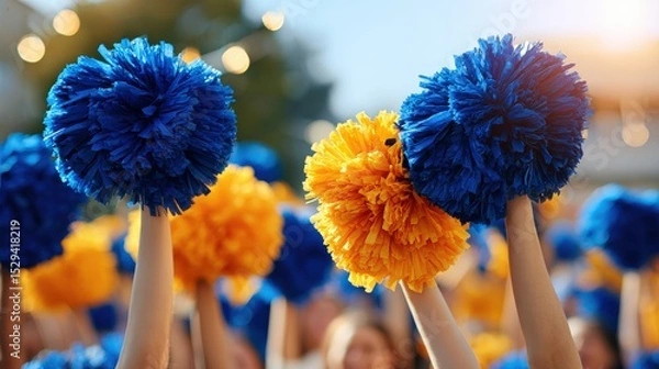 Obraz Cheerleaders hold up vibrant blue and yellow pom-poms in a lively outdoor sports event with bright sunlight and blurred crowd background.