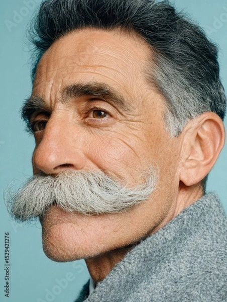 Fototapeta Portrait of a Handsome Man with Impressive Groomed Moustache on Bright Background – Stylish Male Model with Facial Hair, Copy Space