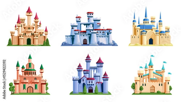 Fototapeta Set of six colorful medieval castles in cartoon graphic style on white background, concept of fantasy architecture. Vector illustration