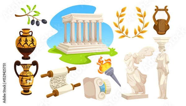 Fototapeta Set of ancient Greek cultural elements with statues, temple, vases, and scrolls on white background. Concept of classical civilization. Vector illustration
