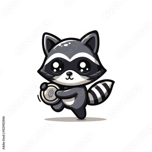 Obraz Cute raccoon character holding a coin in motion