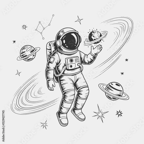 Obraz A black and white drawing of a man in a spacesuit floating in space