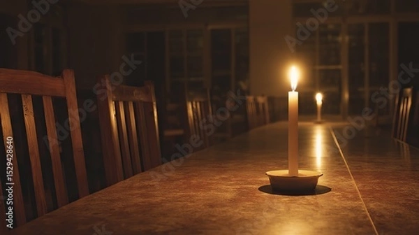 Fototapeta Single candle flickering on empty table symbolizing peaceful end of beautiful comforting thing, dark background emphasizing glow.