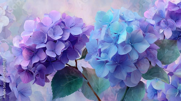 Obraz Blue and violet watercolor hydrangeas, delicate art style, soft background