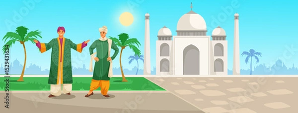 Fototapeta Two indian men in traditional attire near the Taj Mahal with palm trees and sun in the background, cultural heritage concept. Vector illustration