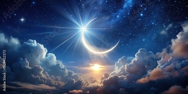 Fototapeta A crescent moon shines brightly in a star-filled night sky with soft glowing clouds and rays of light radiating from its surface, celestial body, radiant