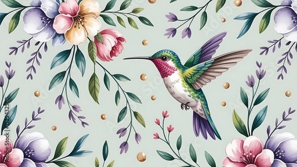 Fototapeta A vibrant hummingbird hovers amidst a profusion of delicately painted flowers and leaves, creating a serene and beautiful floral scene.