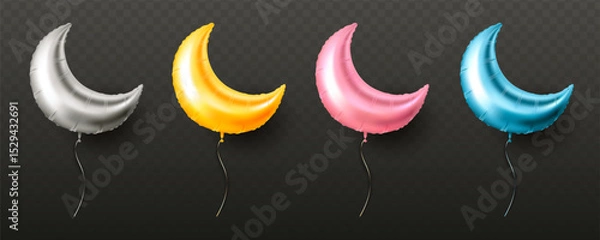 Fototapeta Crescent moon-shaped foil balloon set in silver, gold, pink, and blue colors, realistic graphic style, isolated on transparent dark background. Vector illustration