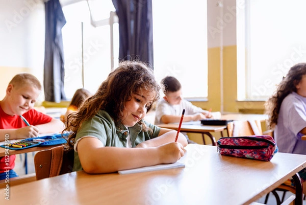 Obraz Portrait of a grirls sitting in school bench and writing in classroom.