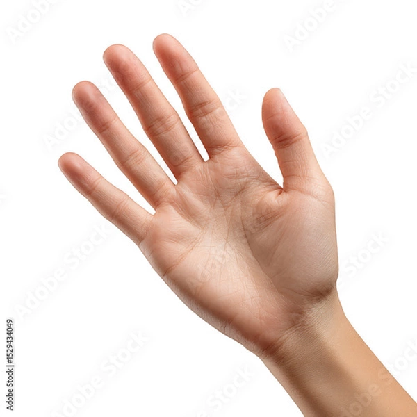 Fototapeta A close up shot of a human hand with fingers extended against a black isolated background in studio light