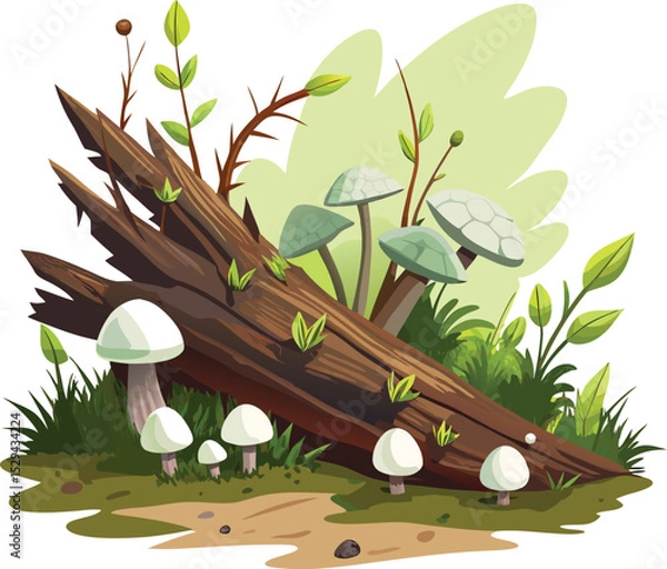 Obraz Forest floor scene with mushrooms and fallen log