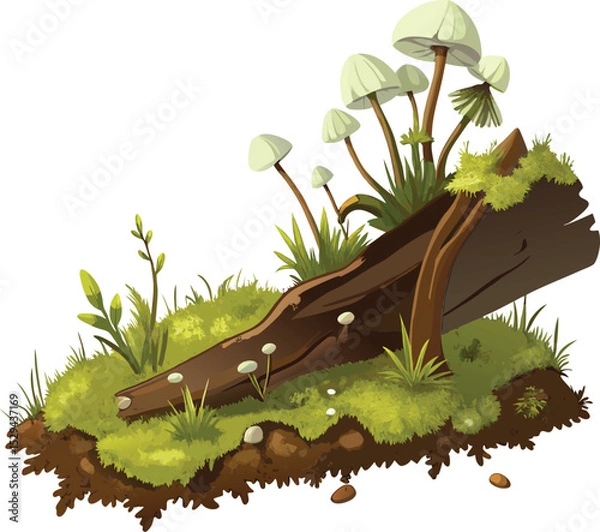 Obraz Forest floor scene with mushrooms and fallen log