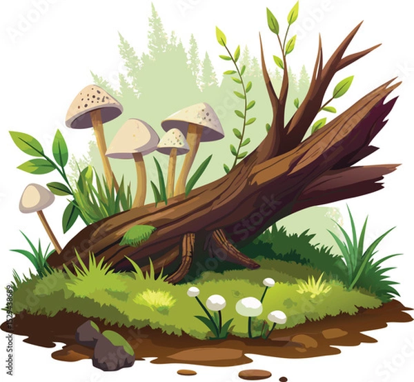 Obraz Forest floor scene with mushrooms and fallen log