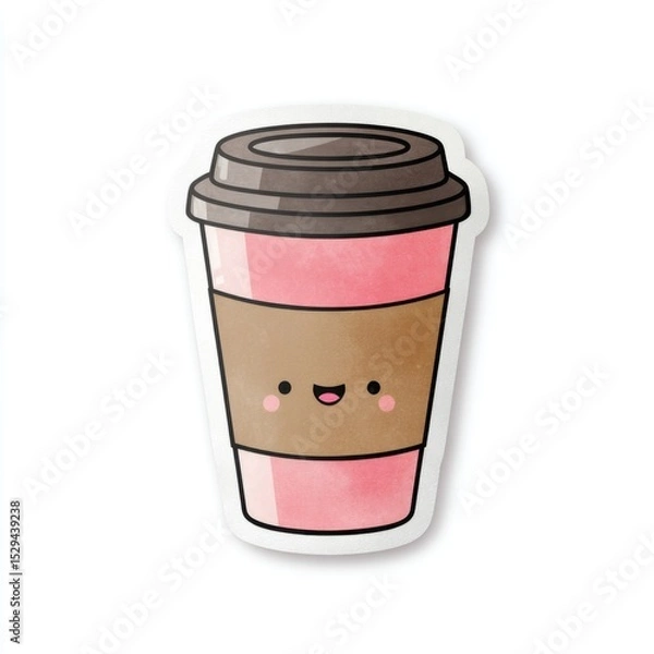 Obraz Cute cartoon coffee cup illustration with smiling face and pink accents, perfect for cheerful designs and playful projects
