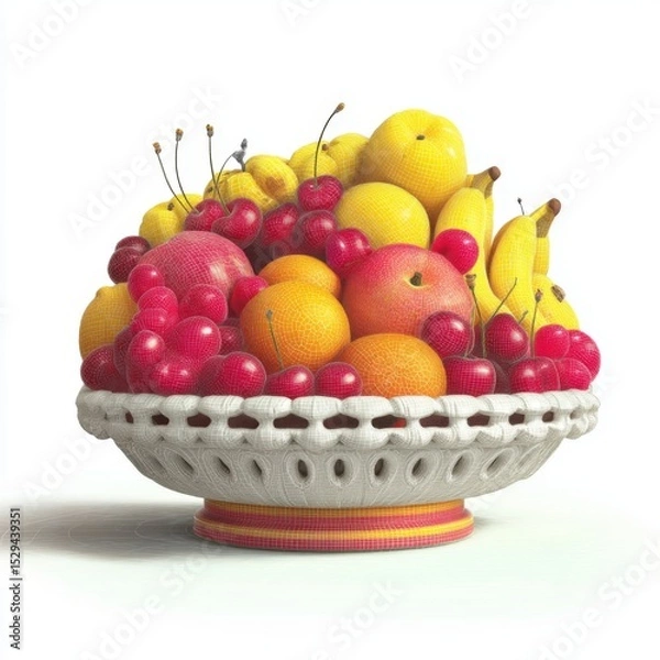 Obraz Beautifully Arranged Fruit Bowl with Vibrant Apples, Lemons, Bananas, Cherries, and Oranges on a Stylish White Base