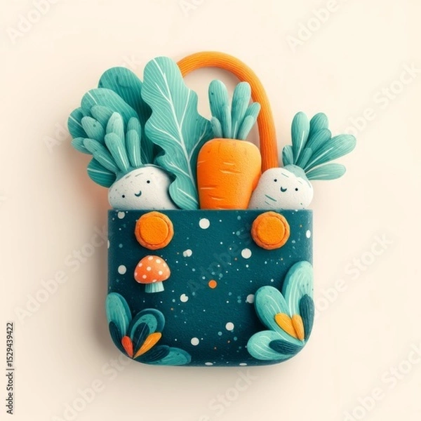 Fototapeta Colorful Vegetable Bag with Happy Characters and Playful Design in Bright Minimalistic Style for Creative Concepts