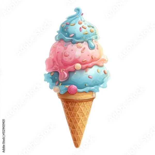 Obraz Vibrant Ice Cream Cone with Colorful Scoop Toppings in a Waffle Cone on a White Background