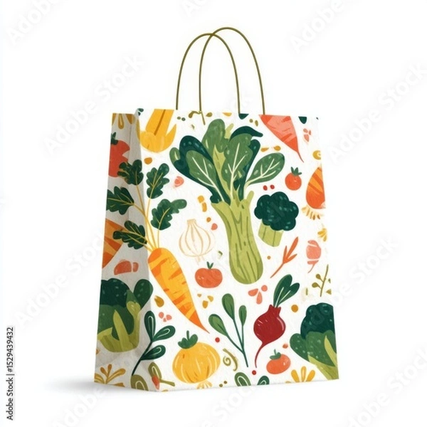 Obraz Colorful grocery bag with an illustration of fresh vegetables including carrots, broccoli, onions, and leafy greens on a white background