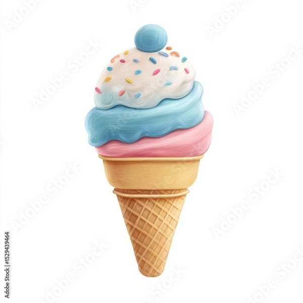Obraz Delicious Ice Cream Cone with Three Colorful Scoops and Sprinkles on Top in a Crisp Waffle Cone
