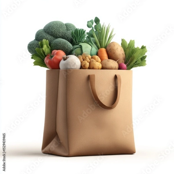 Obraz Fresh Grocery Bag Filled with Organic Vegetables and Fruits in a Sustainable Brown Paper Bag