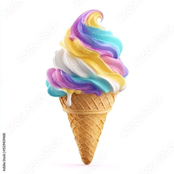Obraz Colorful swirled ice cream in cone with vibrant pastel shades and creamy texture against white background