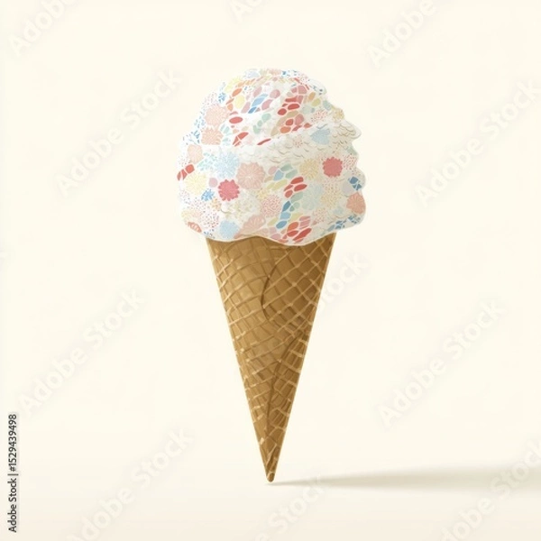 Obraz Colorful Ice Cream Cone with Whipped Cream and Decorative Sprinkles Against a Light Background