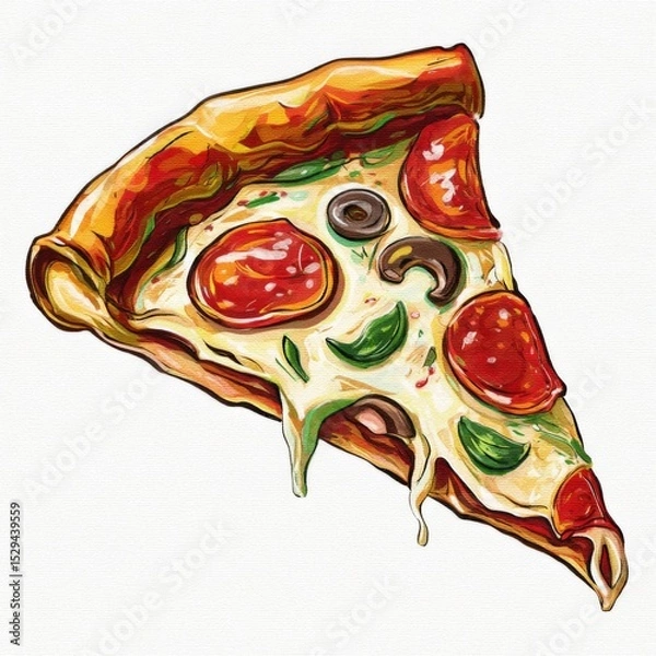 Obraz Delicious slice of pizza with pepperoni, cheese, olives, and green peppers presented on a textured background for food lovers