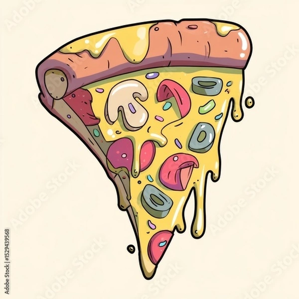 Obraz Colorful Slice of Pizza with Melting Cheese and Toppings on a Light Background Ideal for Food Illustrations