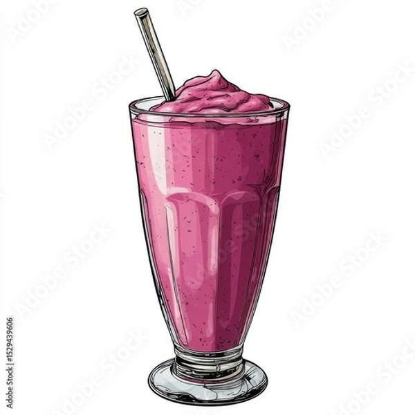 Obraz Delicious Pink Milkshake in a Tall Glass with a Straw and Whipped Cream Topping for Refreshing Treats and Desserts
