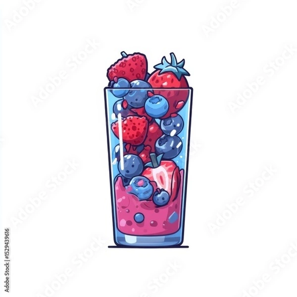 Obraz Bright and Vibrant Glass of Fresh Berry Smoothie with Strawberries and Blueberries on a White Background