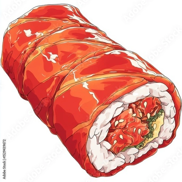Obraz Delicious sushi roll with fresh salmon filling and colorful presentation on a white background, perfect for culinary themes