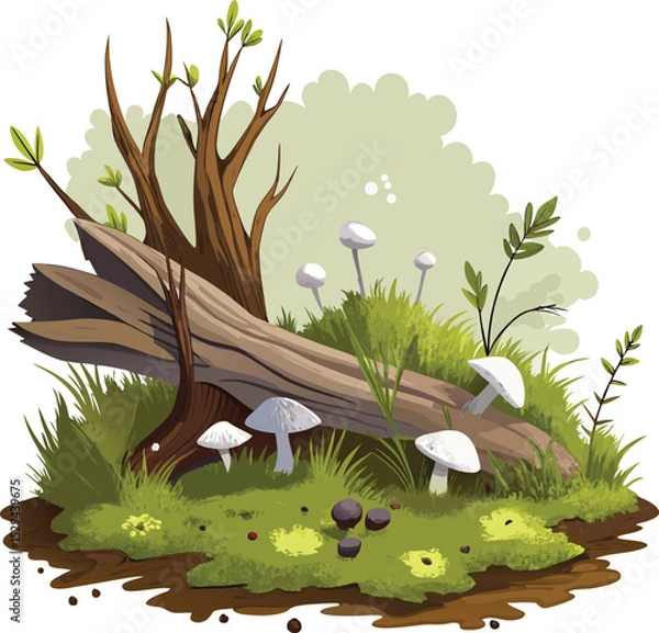 Obraz  Fallen tree branch, forest floor, small white mushrooms, moss, grass blades, woodland decay
