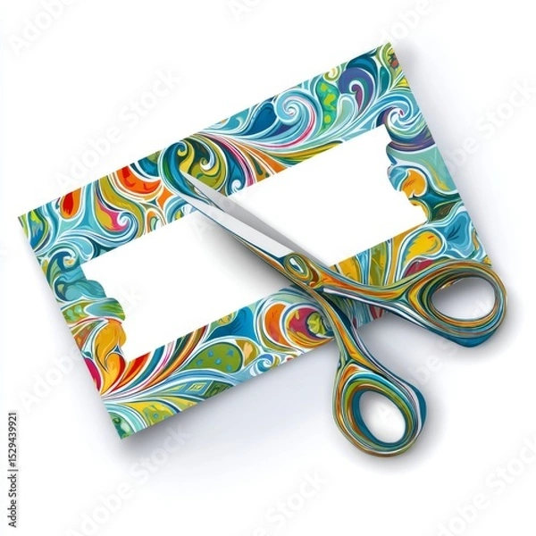 Obraz Colorful Scissors Cutting Through Artistic Paper with Swirls and Vibrant Patterns