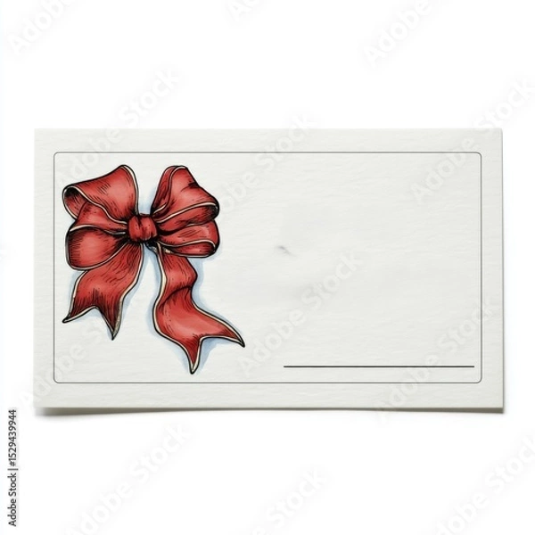 Obraz Bow Decoration on Blank Card for Gift Giving, Holiday Decoration, Celebration, and Special Occasions with Red Ribbon Accent